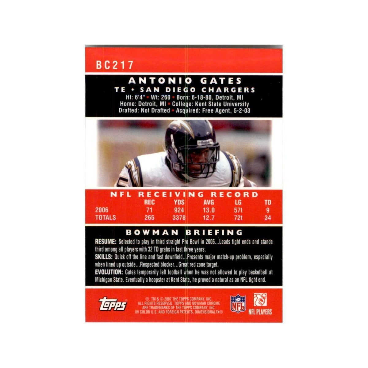 2007 Bowman Chrome Antonio Gates Football Cards #BC217