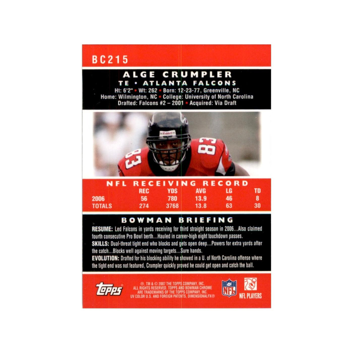 2007 Bowman Chrome Alge Crumpler Football Cards #BC215