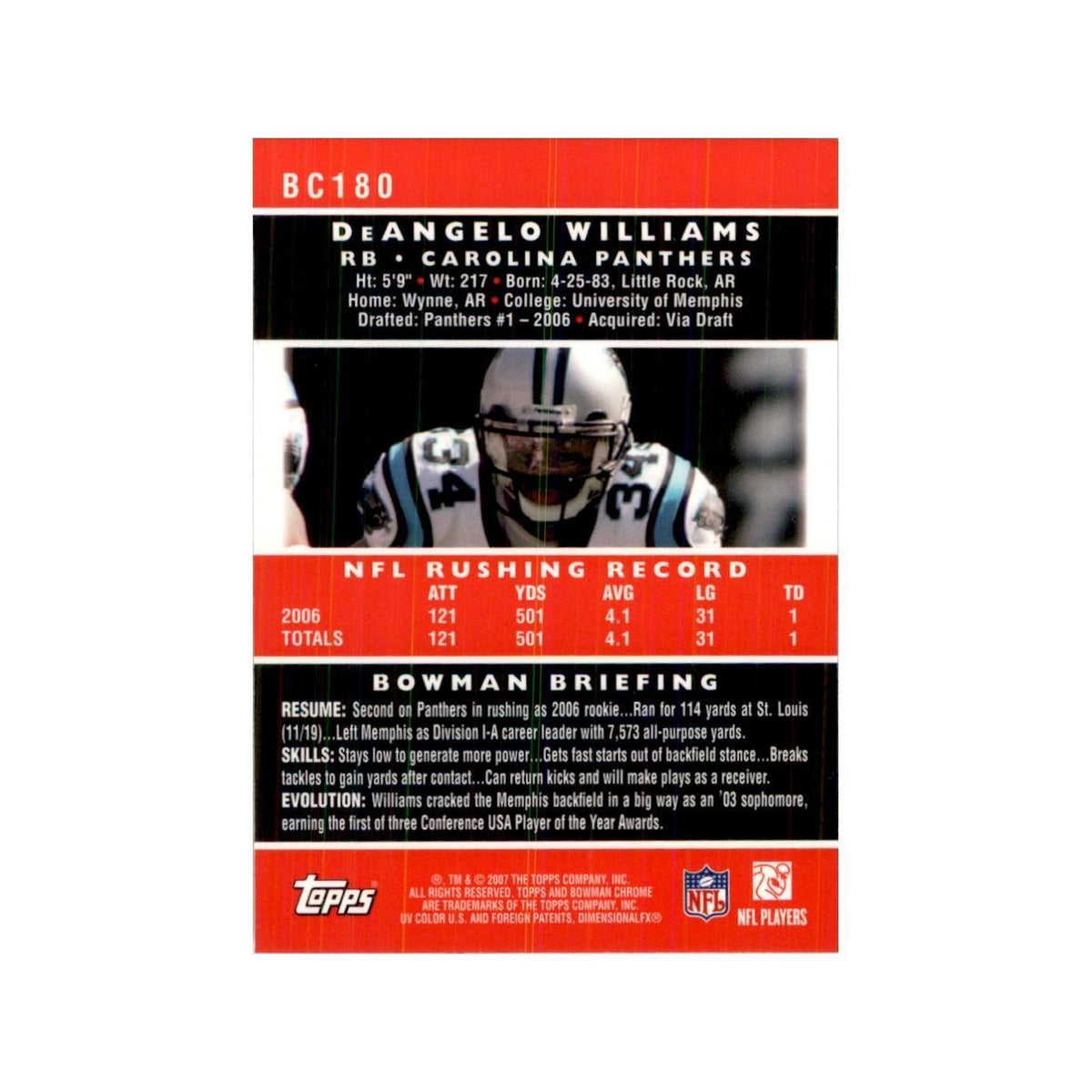 2007 Bowman Chrome DeAngelo Williams Football Cards #BC180