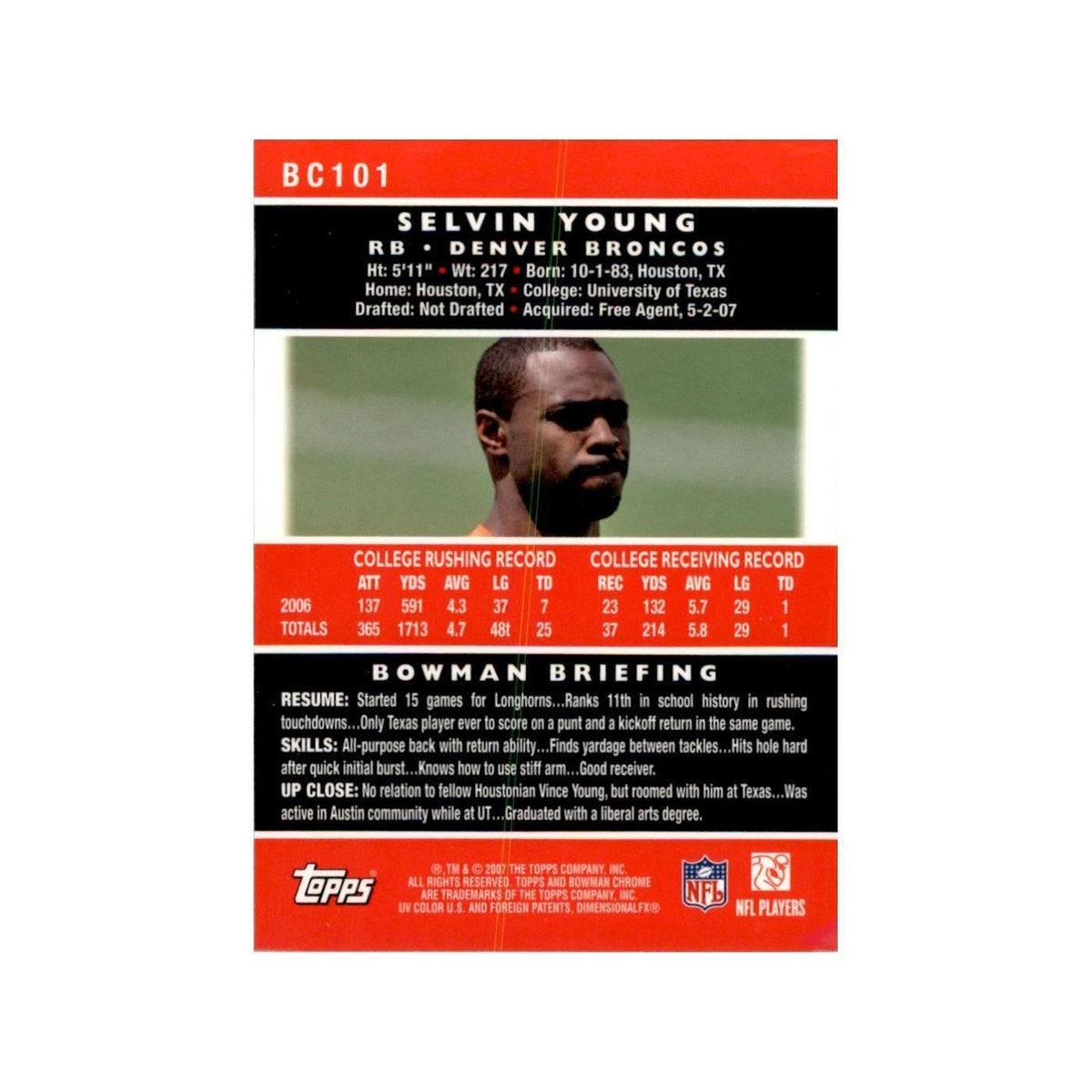 2007 Bowman Chrome Selvin Young Football Cards #BC101