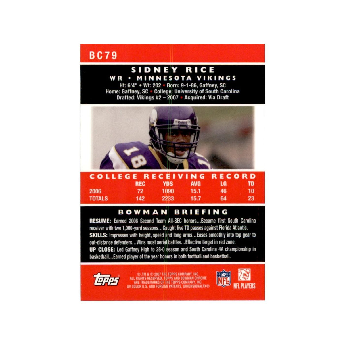 2007 Bowman Chrome Sidney Rice Football Cards #BC79