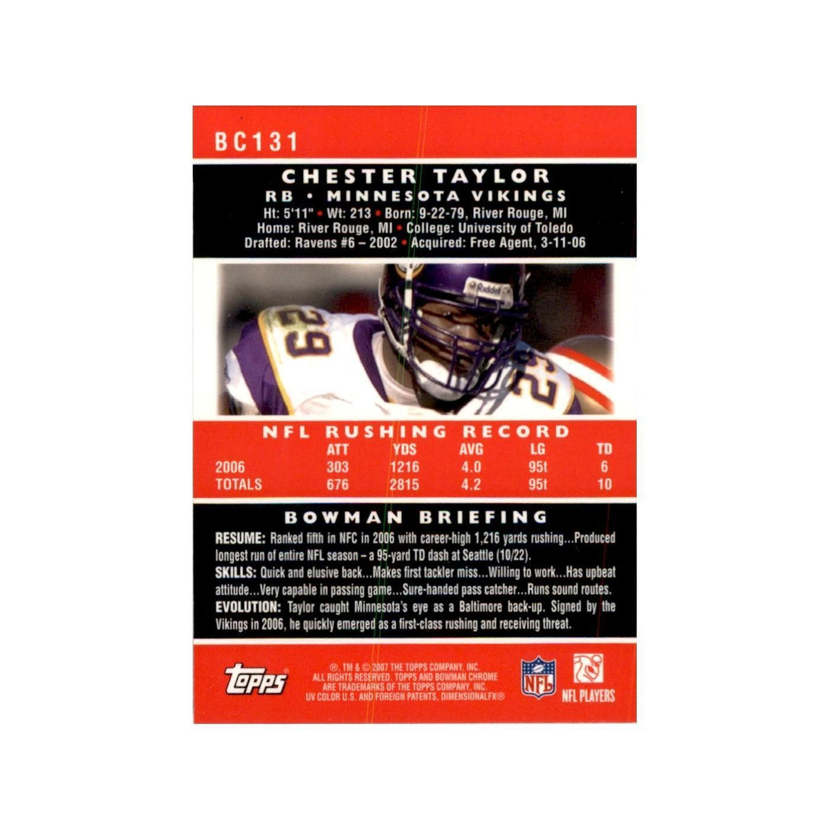2007 Bowman Chrome Chester Taylor Football Cards #BC131