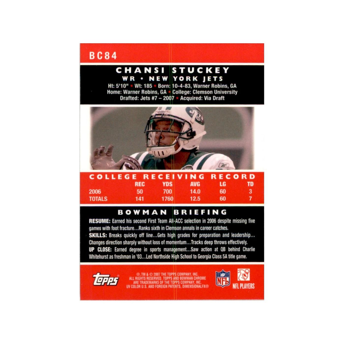 2007 Bowman Chrome Chansi Stuckey Football Cards #BC84