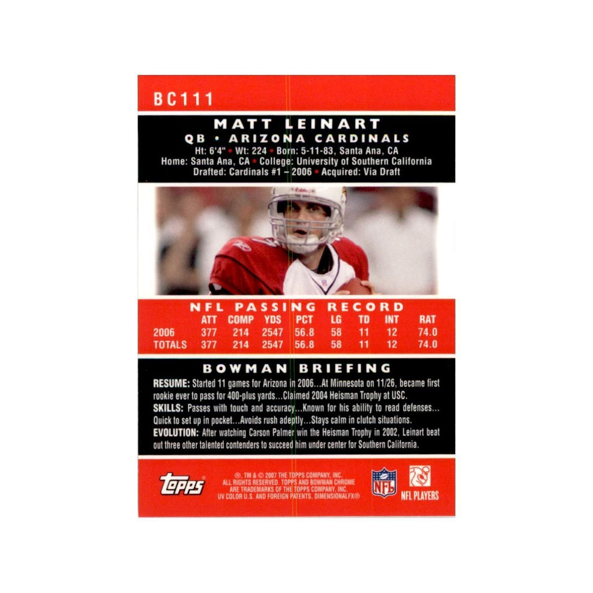 2007 Bowman Chrome Matt Leinart Football Cards #BC111
