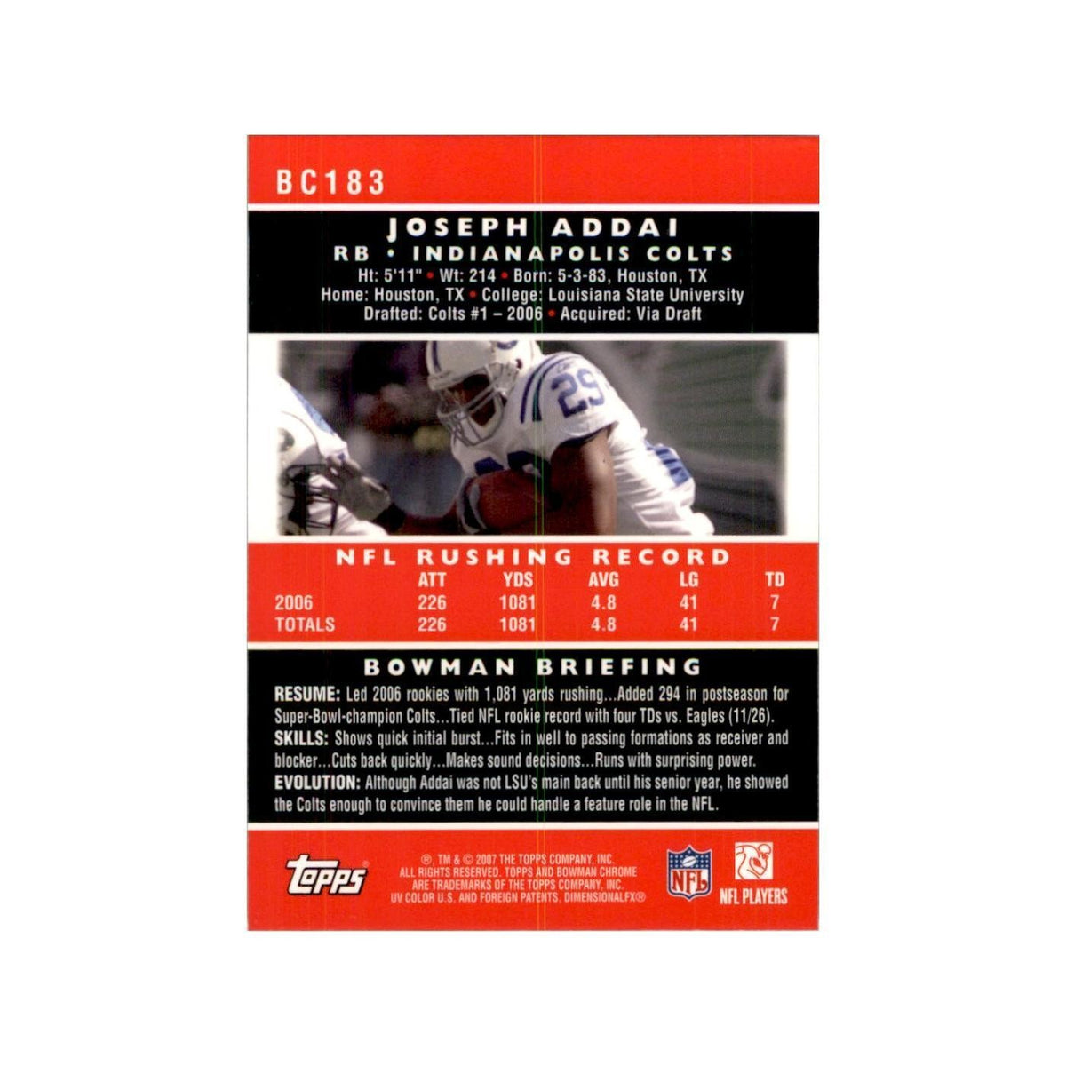 2007 Bowman Chrome Joseph Addai Football Cards #BC183