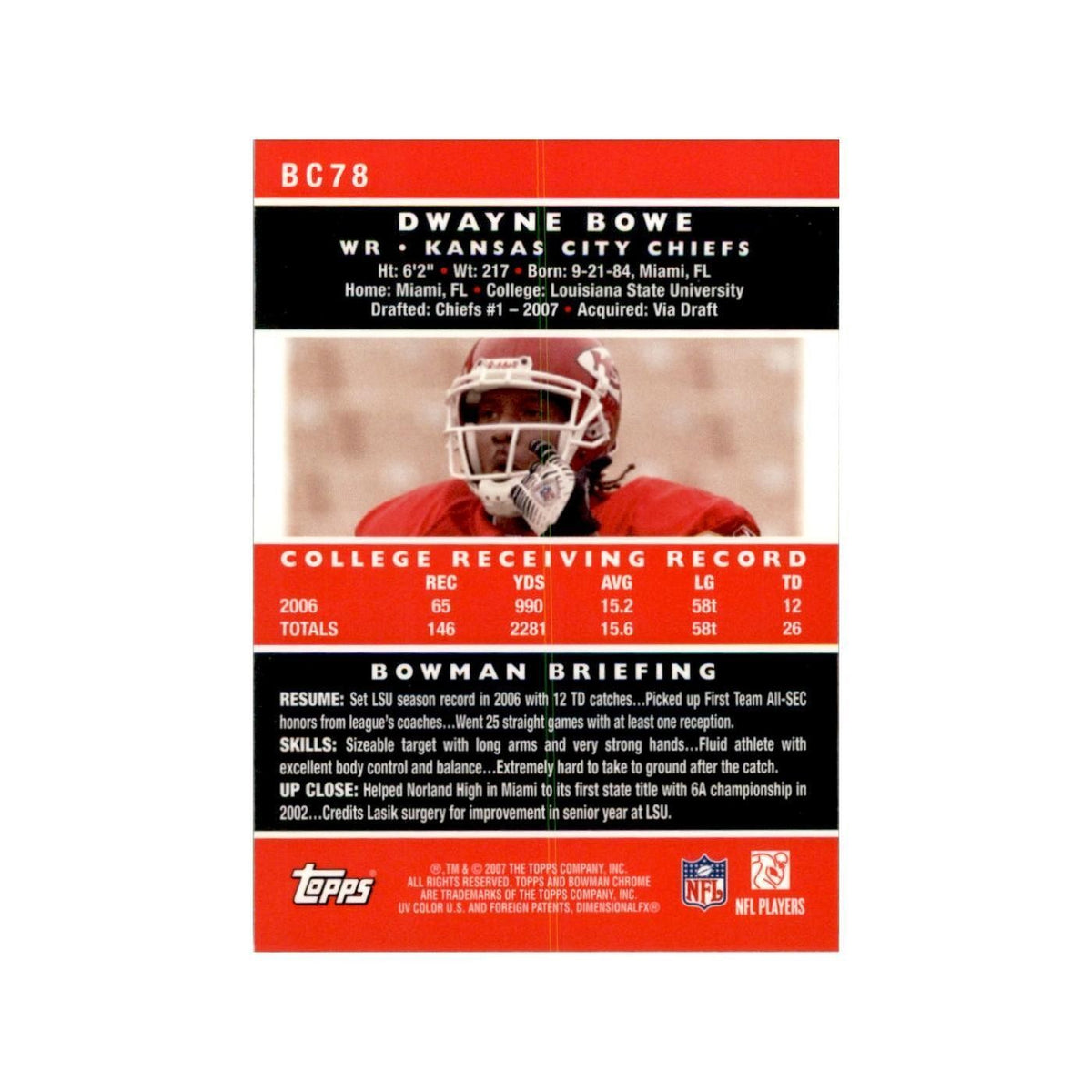 2007 Bowman Chrome Dwayne Bowe Football Cards #BC78