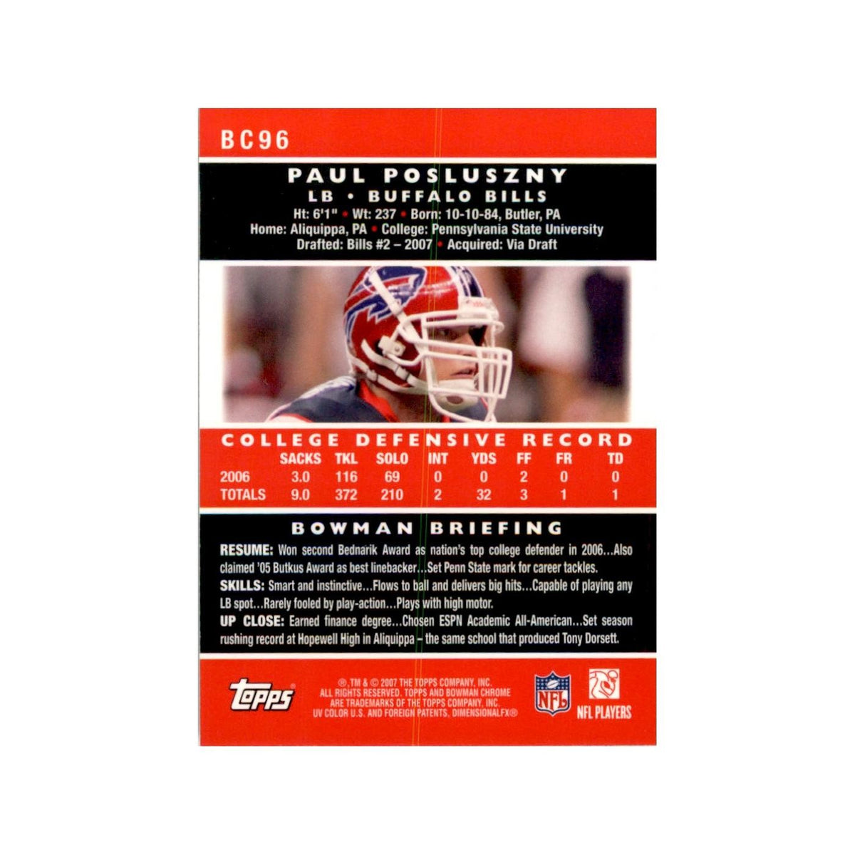 2007 Bowman Chrome Paul Posluszny Football Cards #BC96