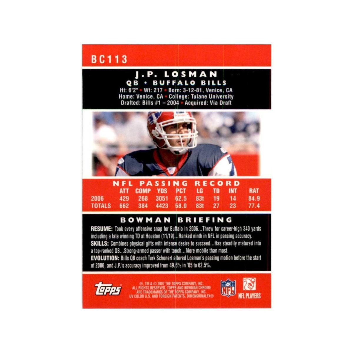 2007 Bowman Chrome J.P. Losman Football Cards #BC113