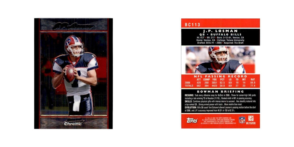2007 Bowman Chrome J.P. Losman Football Cards #BC113