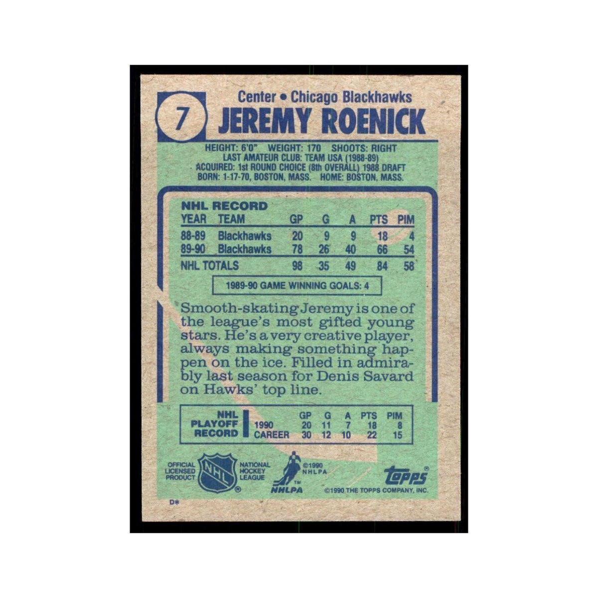 1990 Topps Jeremy Roenick Hockey Cards #7
