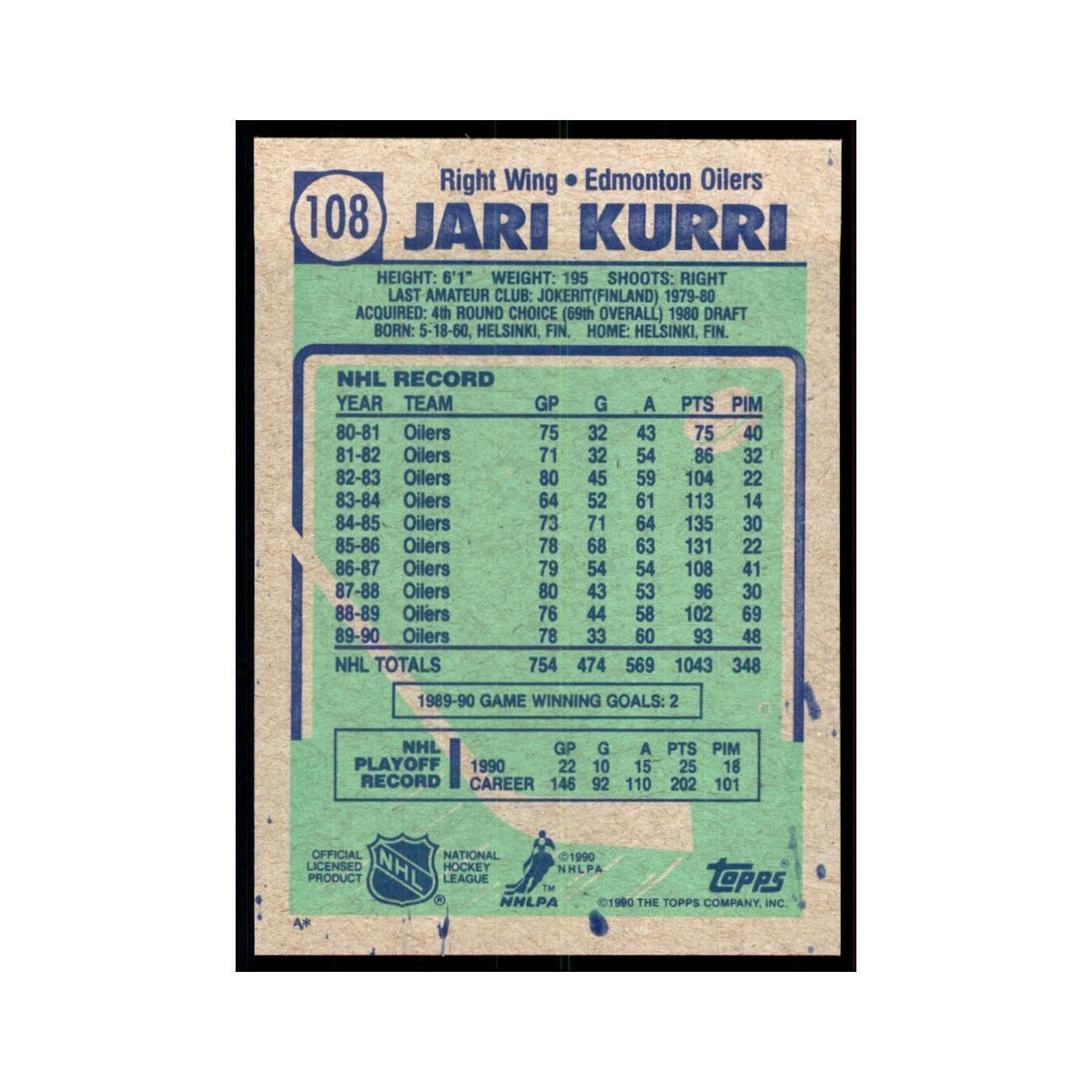 1990 Topps Jari Kurri Hockey Cards #108