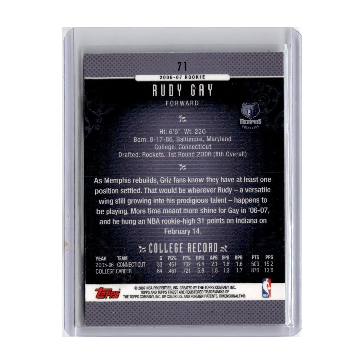 2006 Finest Rudy Gay RC Grizzlies #71