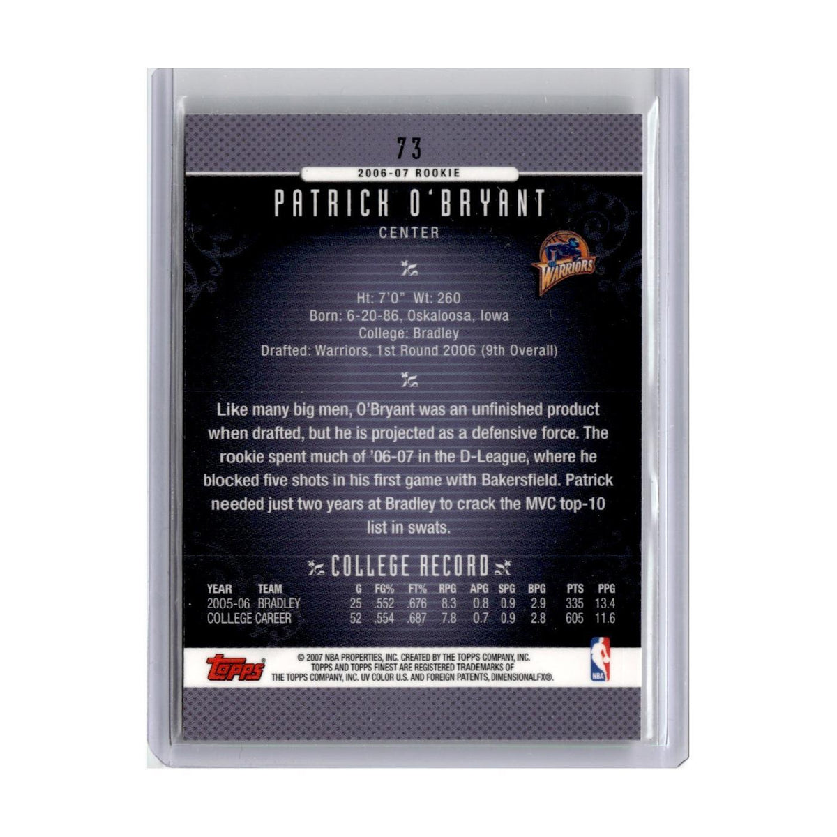 2006 Finest Patrick O'Bryant RC Golden State Warriors #73