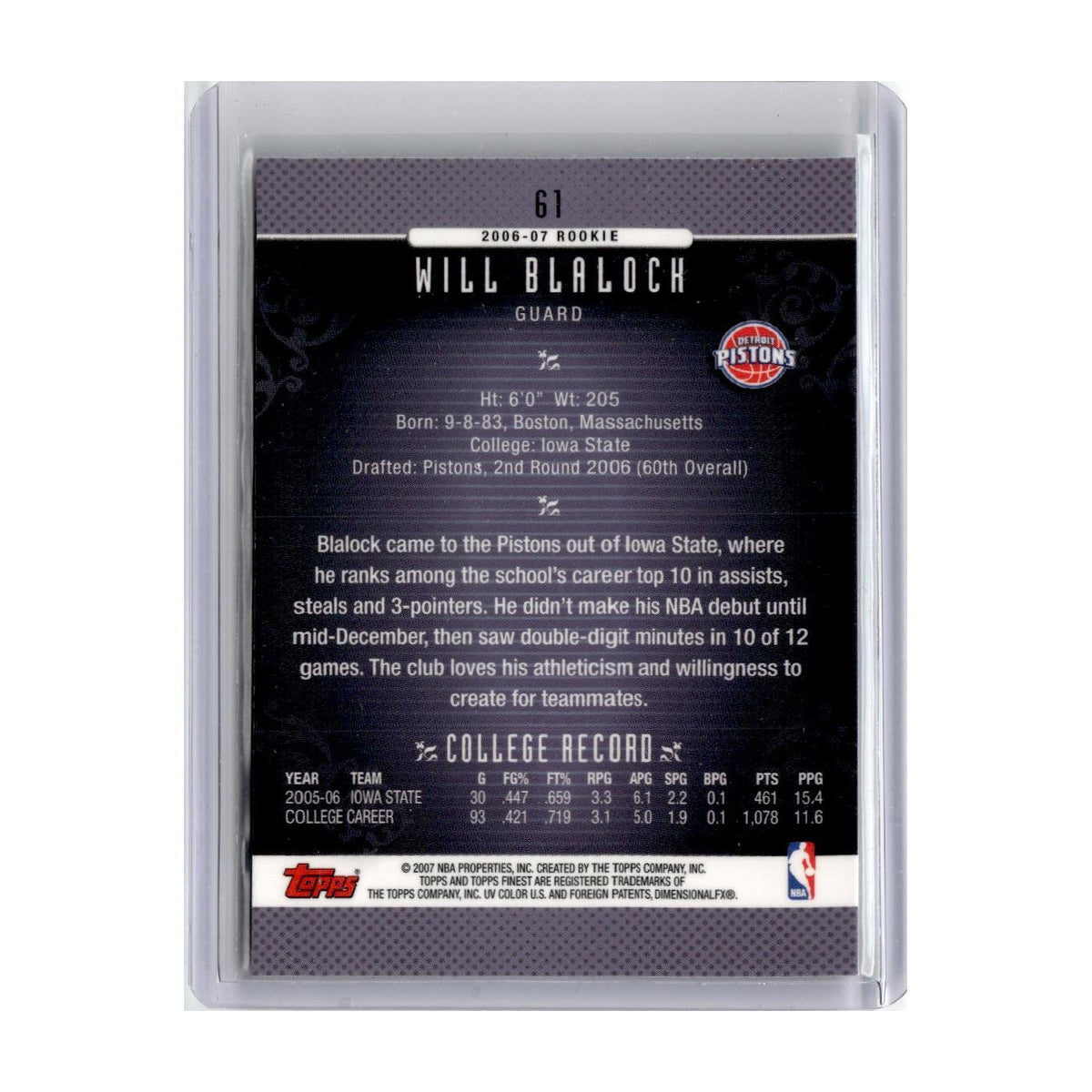 2006 Finest Will Blalock RC Pistons #61