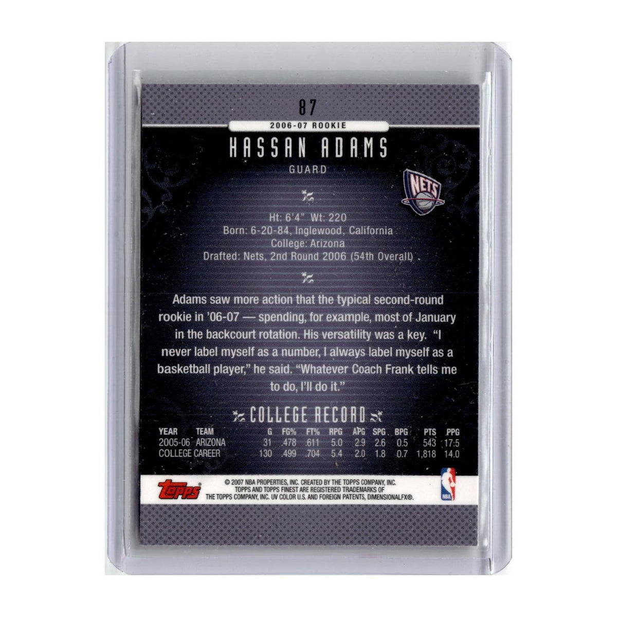 2006 Finest Hassan Adams RC Nets #87