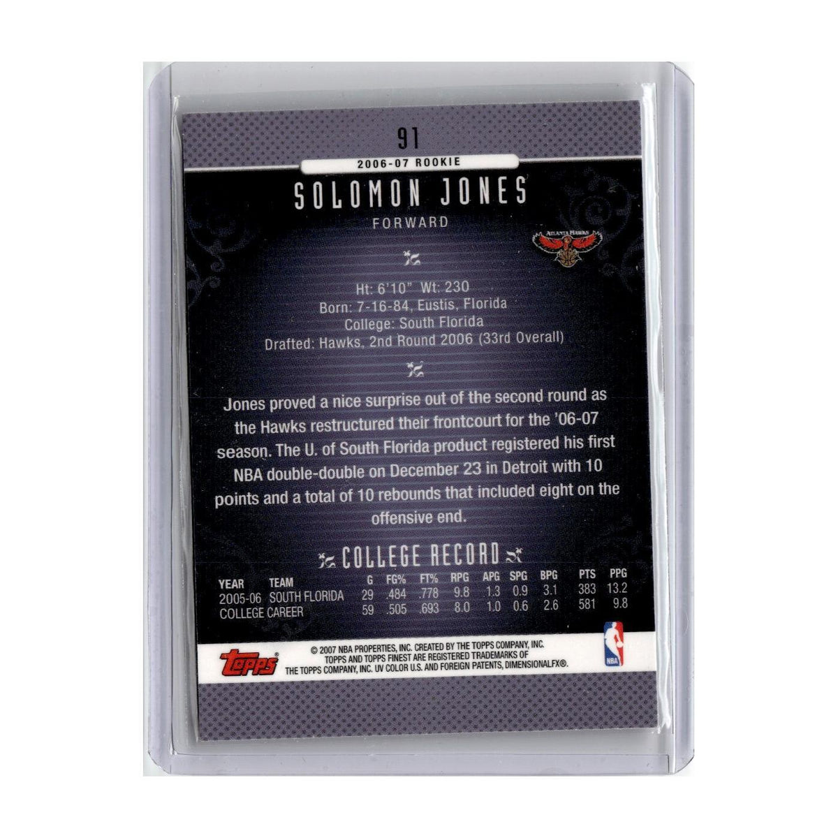 2006 Finest Solomon Jones RC Hawks #91