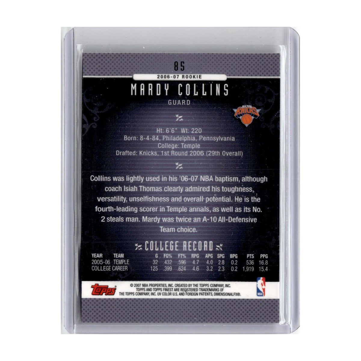 2006 Finest Mardy Collins RC Knicks #85