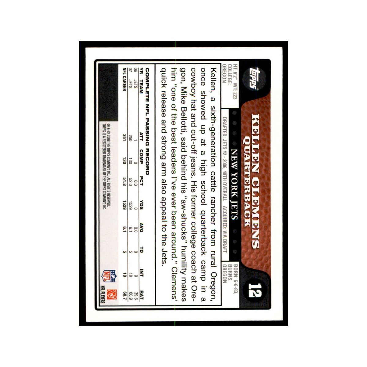 2008 Topps Kellen Clemens gold letters Jets #12