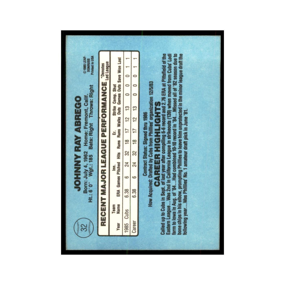 1986 Donruss Johnny Abrego RC Baseball Cards #32