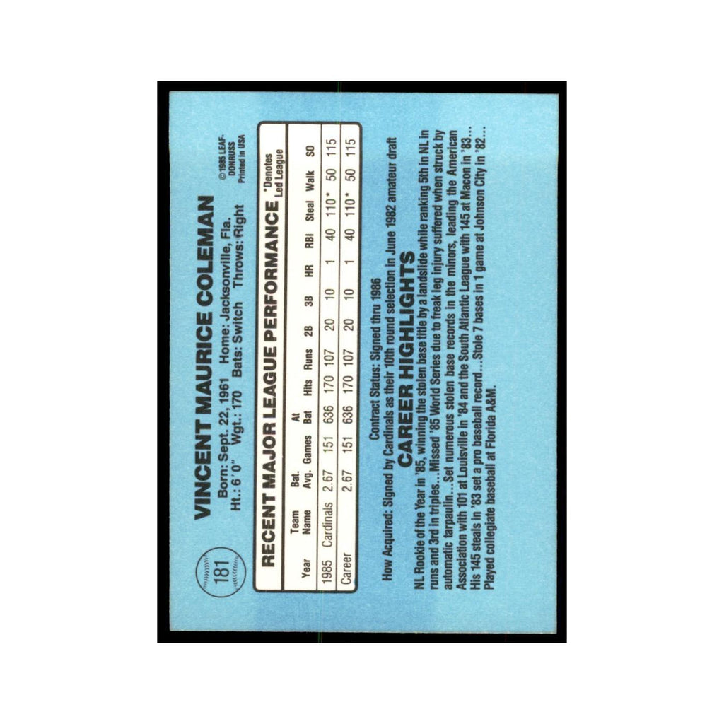 1986 Donruss Vince Coleman Baseball Cards #181