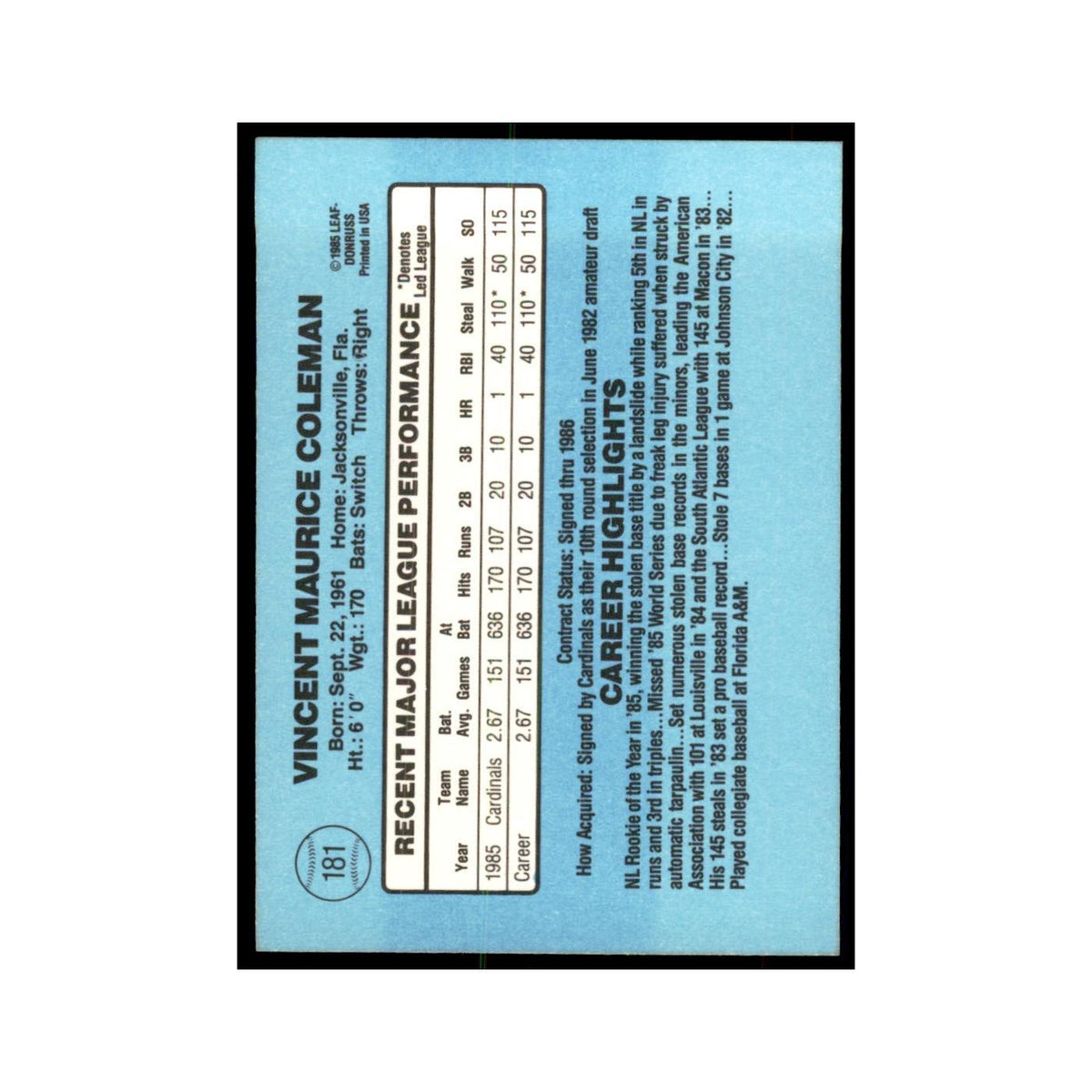 1986 Donruss Vince Coleman Baseball Cards #181