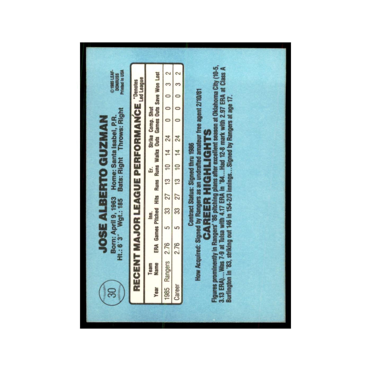 1986 Donruss Jose Guzman RC Baseball Cards #30