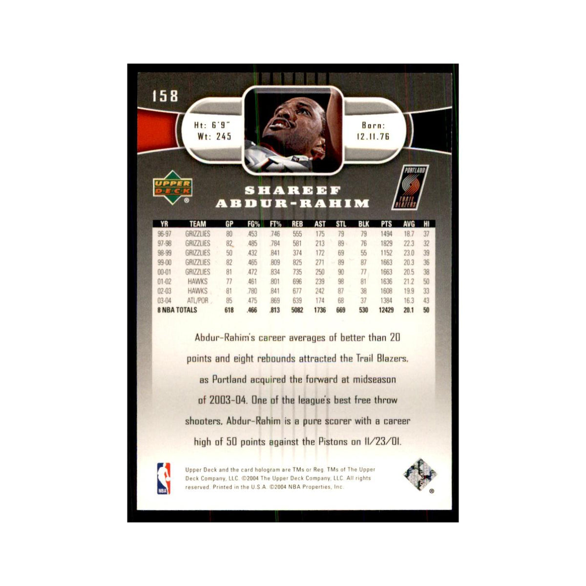 2004 Upper Deck Shareef Abdur-Rahim Blazers #158