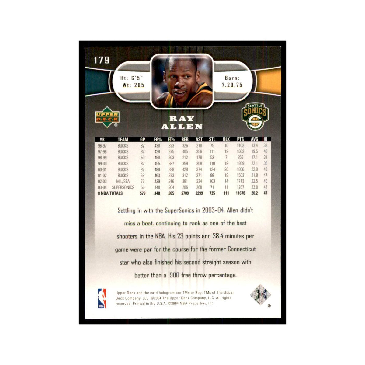2004 Upper Deck Ray Allen Seattle SuperSonics #179