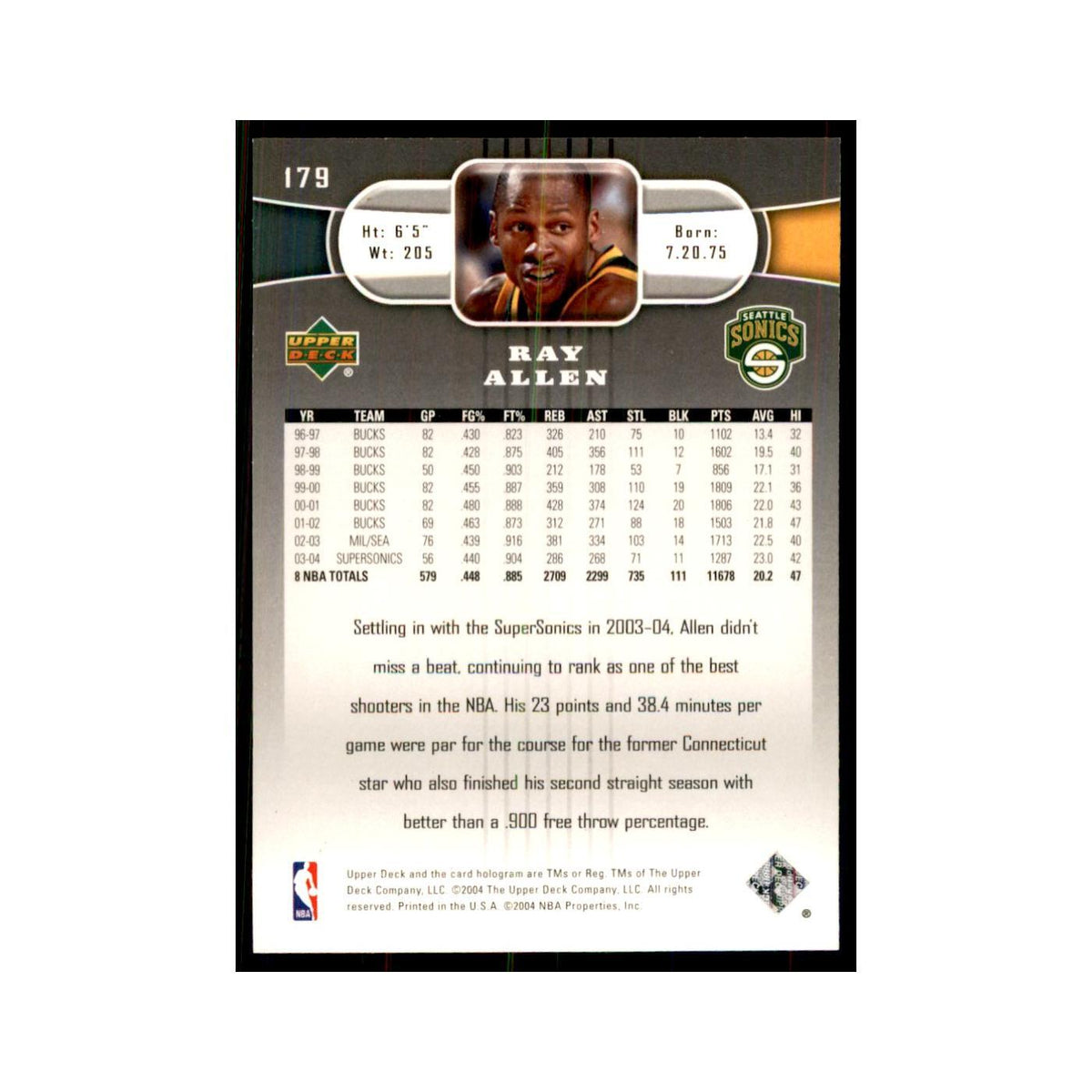 2004 Upper Deck Ray Allen Seattle SuperSonics #179