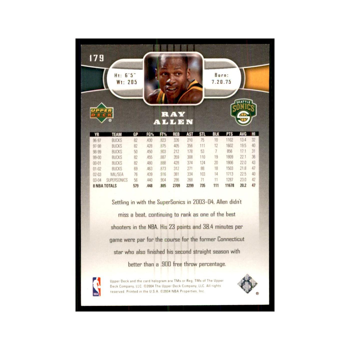 2004 Upper Deck Ray Allen Seattle SuperSonics #179