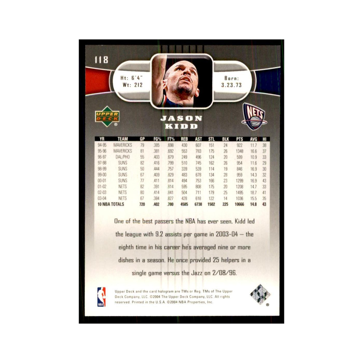 2004 Upper Deck Jason Kidd Nets #118