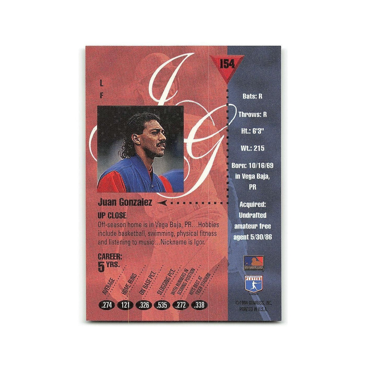 Juan Gonzalez 1994 Studio #154 Texas Rangers Baseball Card NM