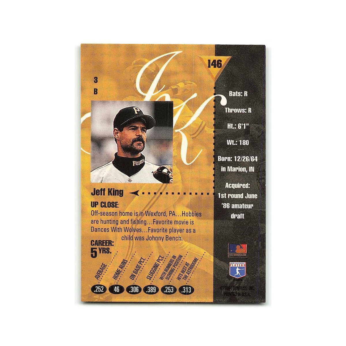Jeff King 1994 Studio #146 Pittsburgh Pirates Baseball Card NM