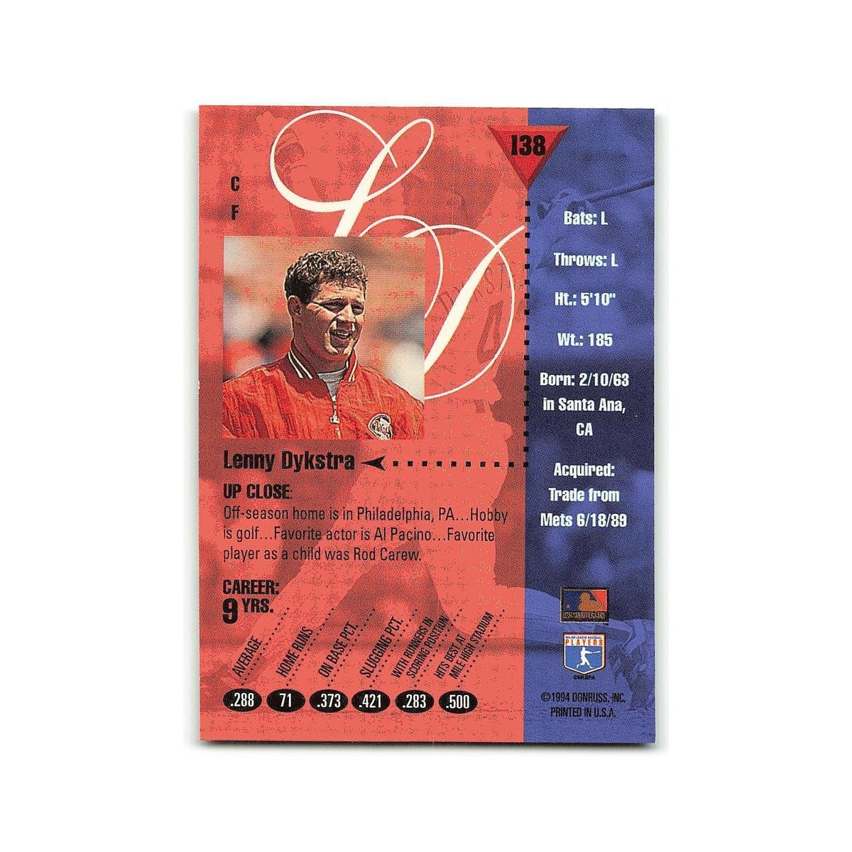 Lenny Dykstra 1994 Studio #138 Philadelphia Phillies Baseball Card NM