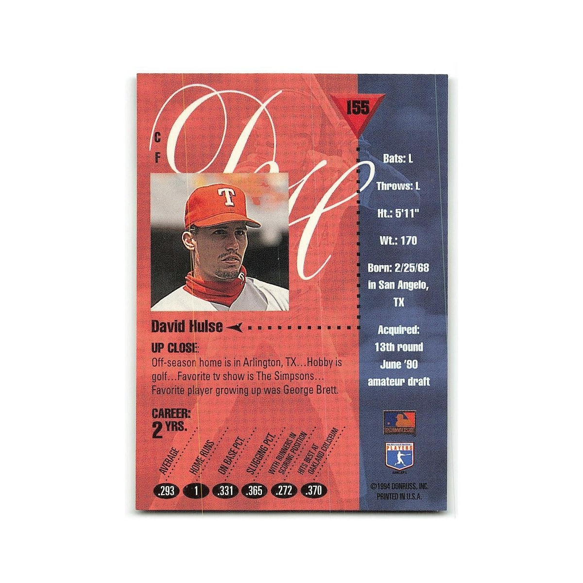 David Hulse 1994 Studio #155 Texas Rangers Baseball Card NM