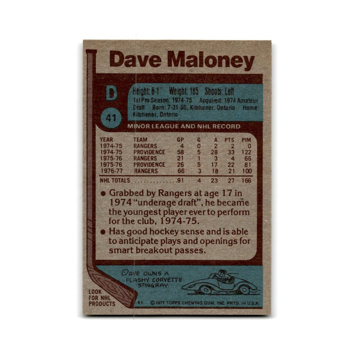 1977 Topps Dave Maloney New York Rangers #41