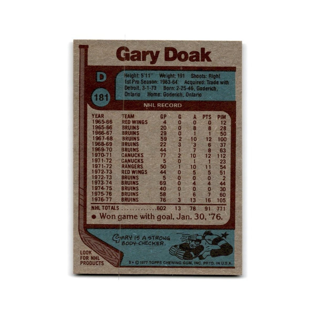 1977 Topps Gary Doak Boston Bruins #181