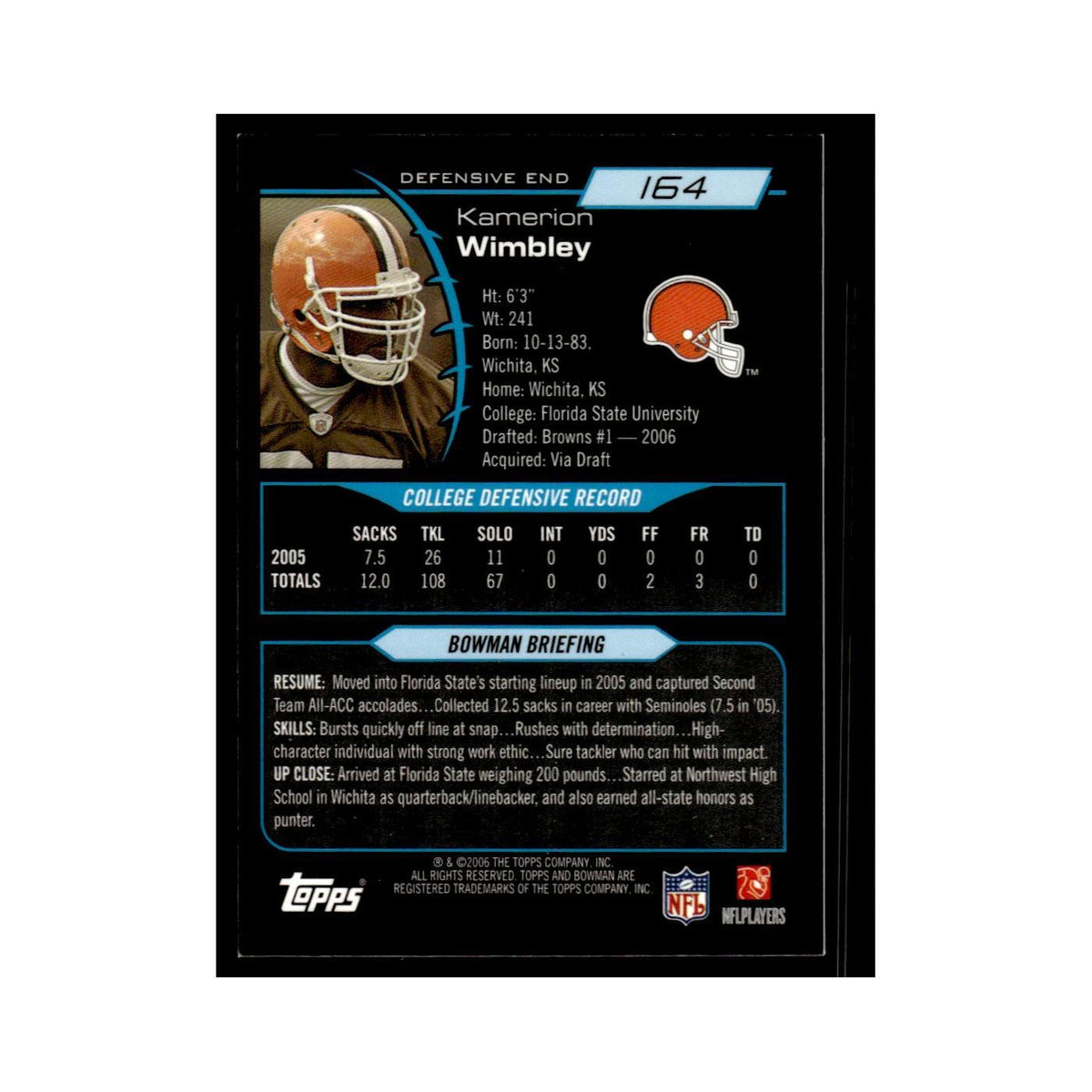 2006 Bowman Gold Kamerion Wimbley RC Browns #164