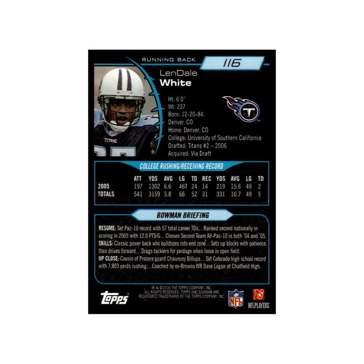 2006 Bowman Gold LenDale White RC Titans #116