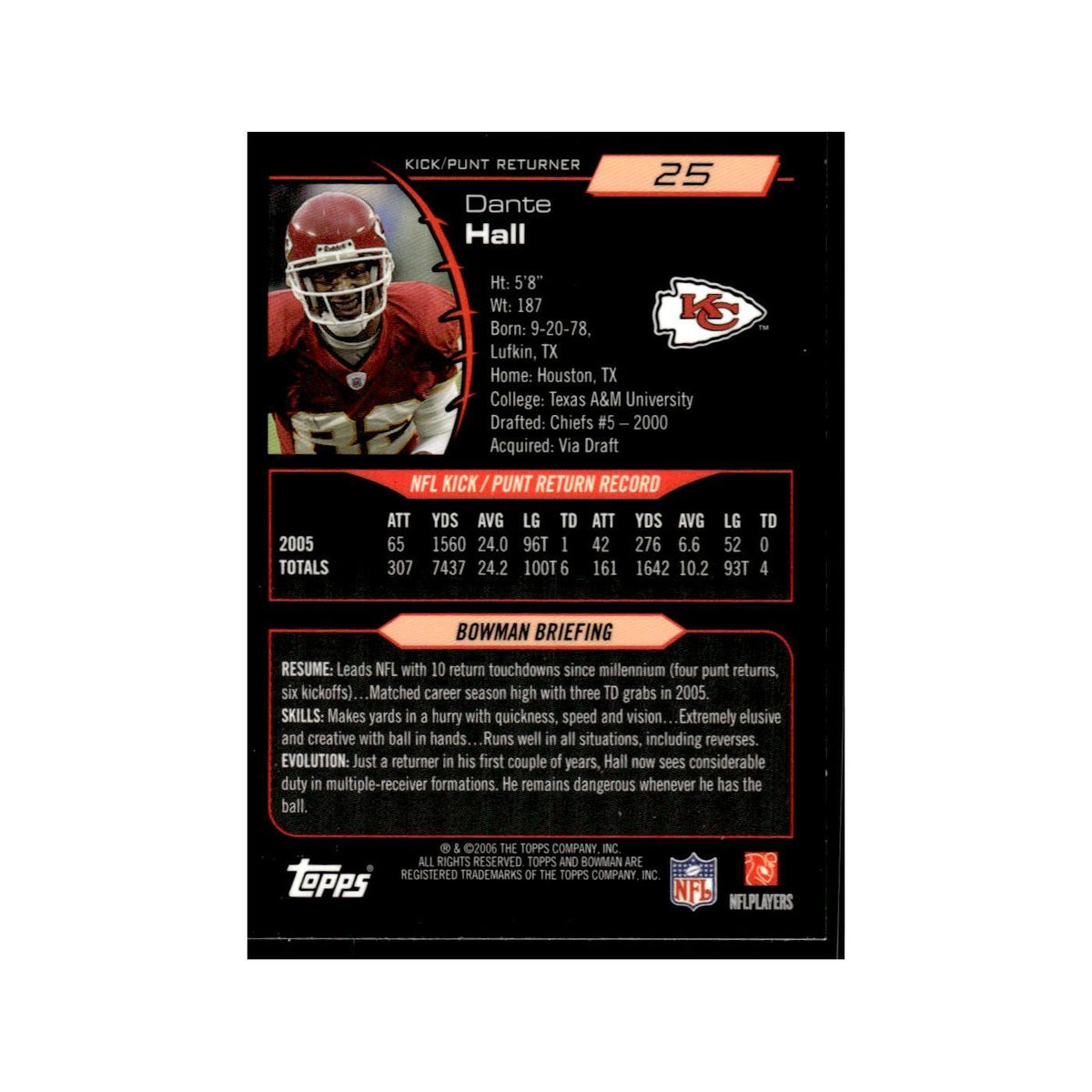 2006 Bowman Gold Dante Hall Chiefs #25