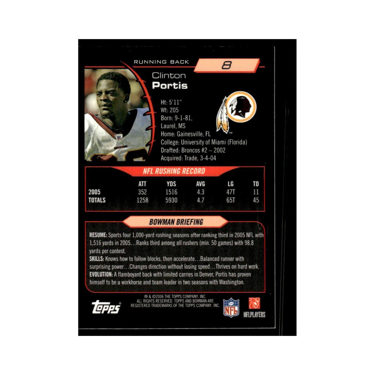 2006 Bowman Gold Clinton Portis Redskins #8