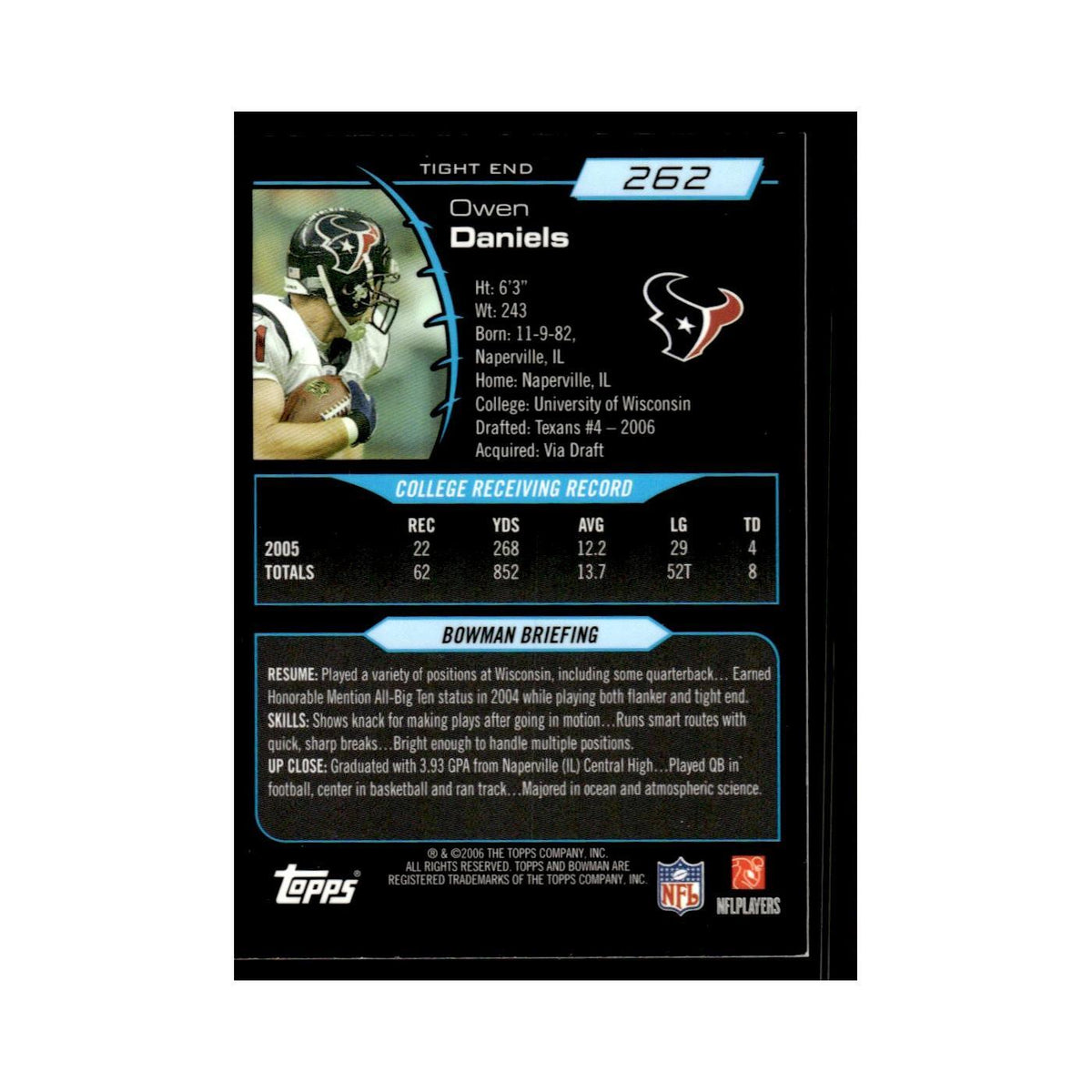 2006 Bowman Gold Owen Daniels RC Texans #262