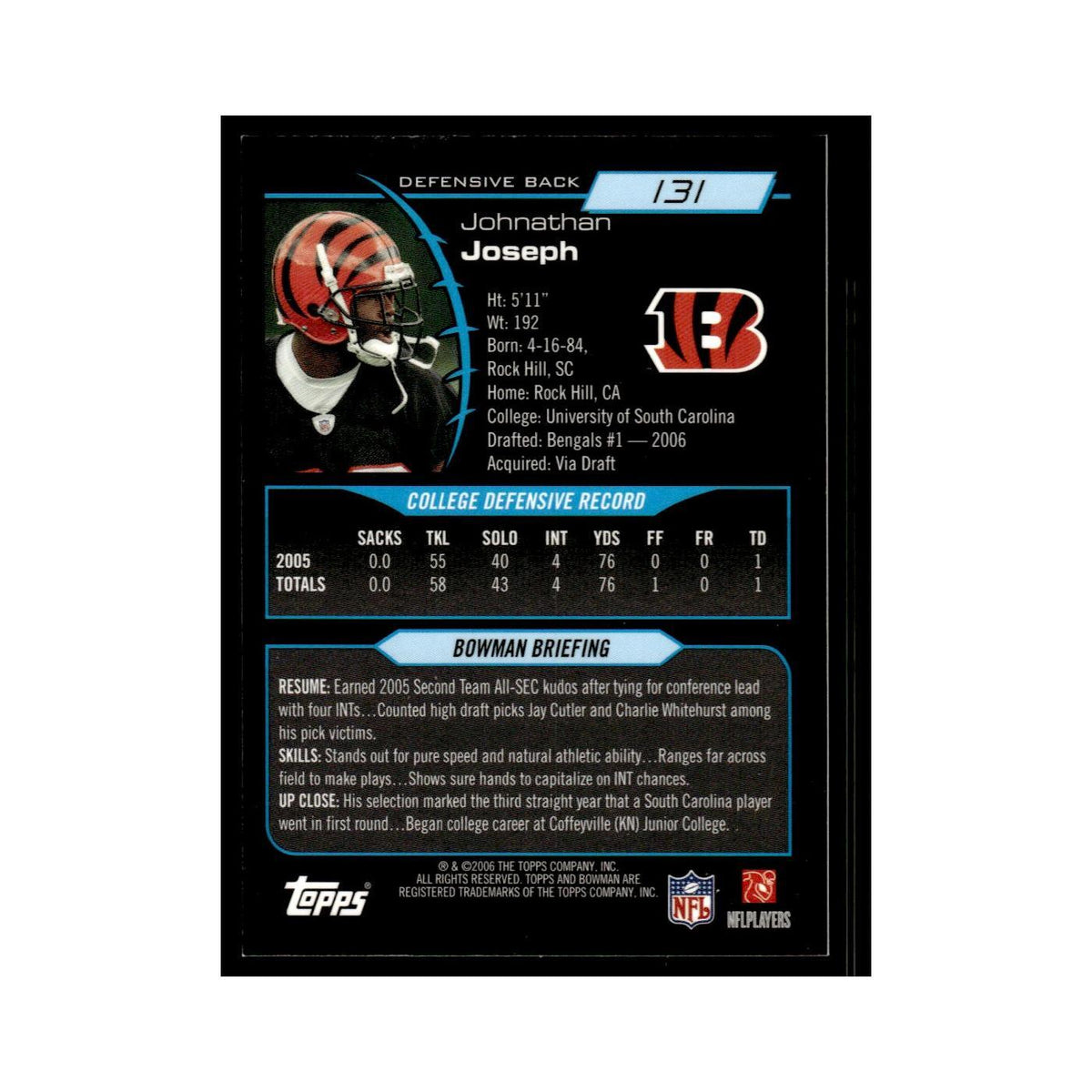 2006 Bowman Gold Johnathan Joseph RC Bengals #131