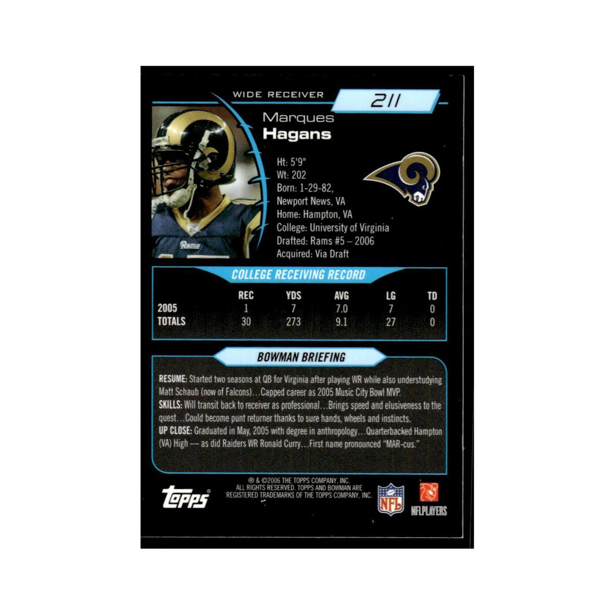 2006 Bowman Gold Marques Hagans RC St. Louis Rams #211