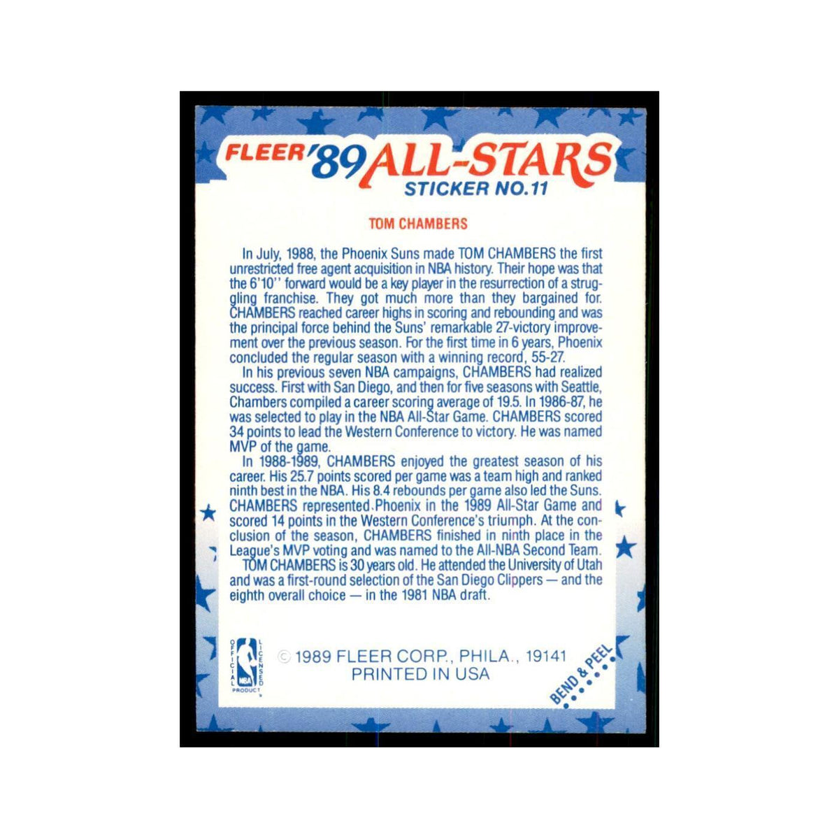 1989 Fleer Tom Chambers Basketball Cards #11