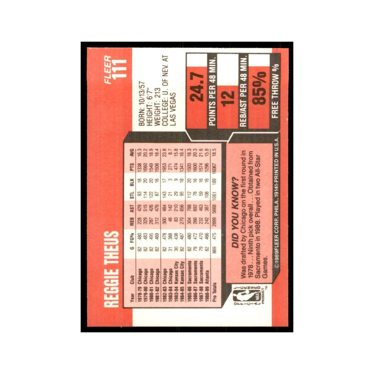 1989 Fleer Reggie Theus Basketball Cards #111