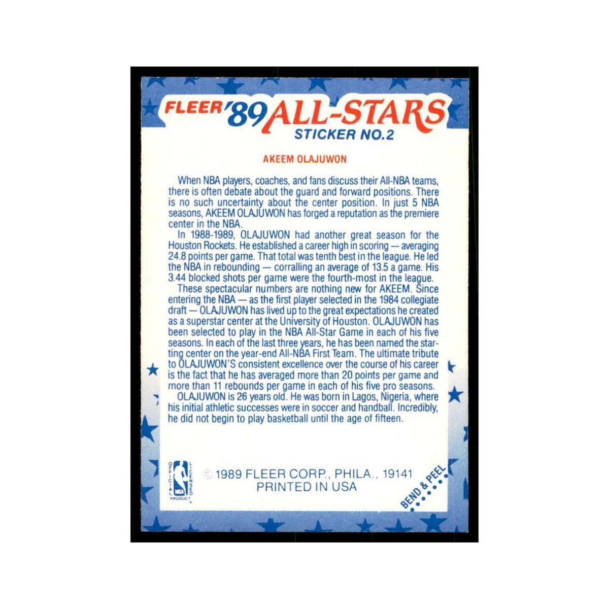1989 Fleer Akeem Olajuwon Basketball Cards #2