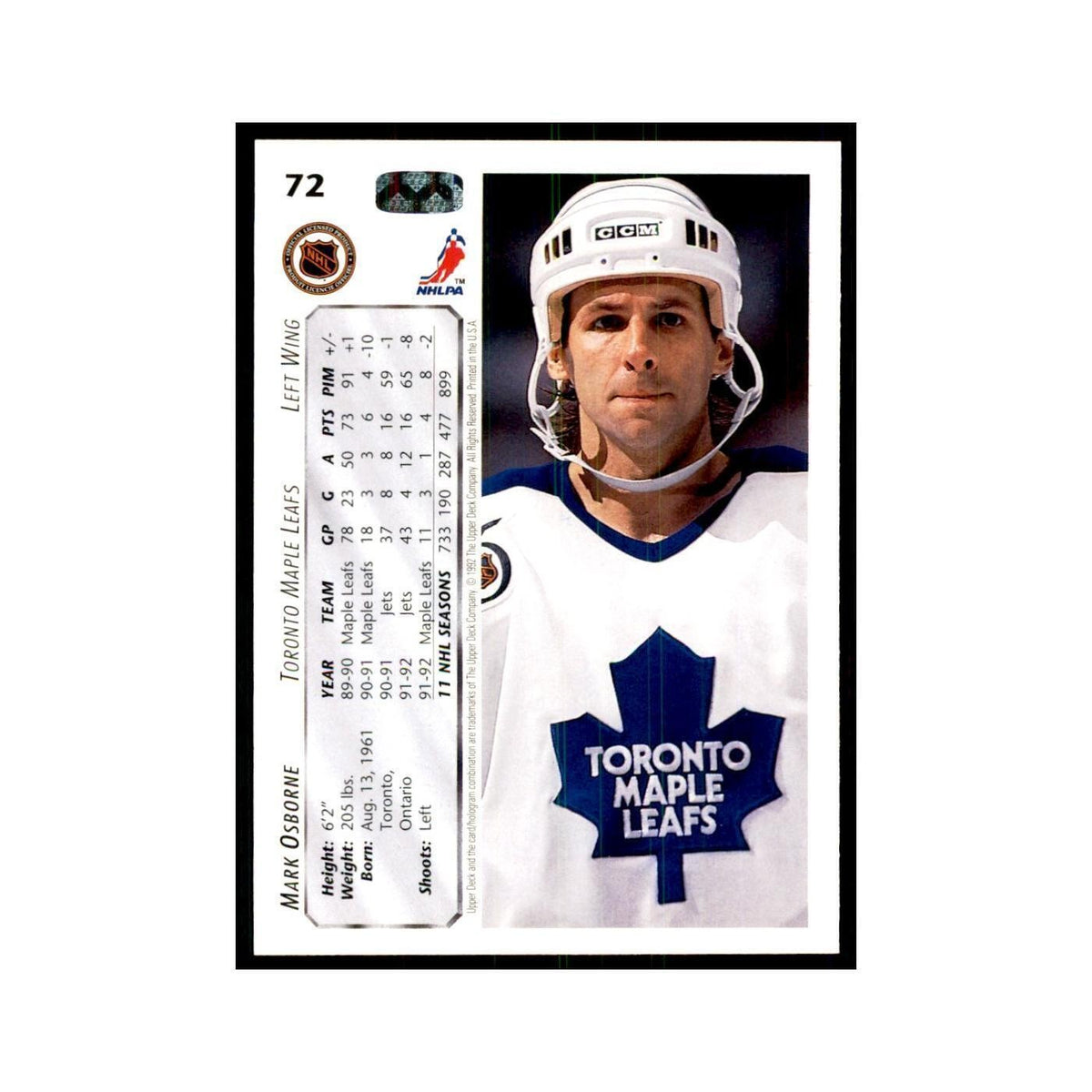 1992 Upper Deck Mark Osborne Hockey Cards #72