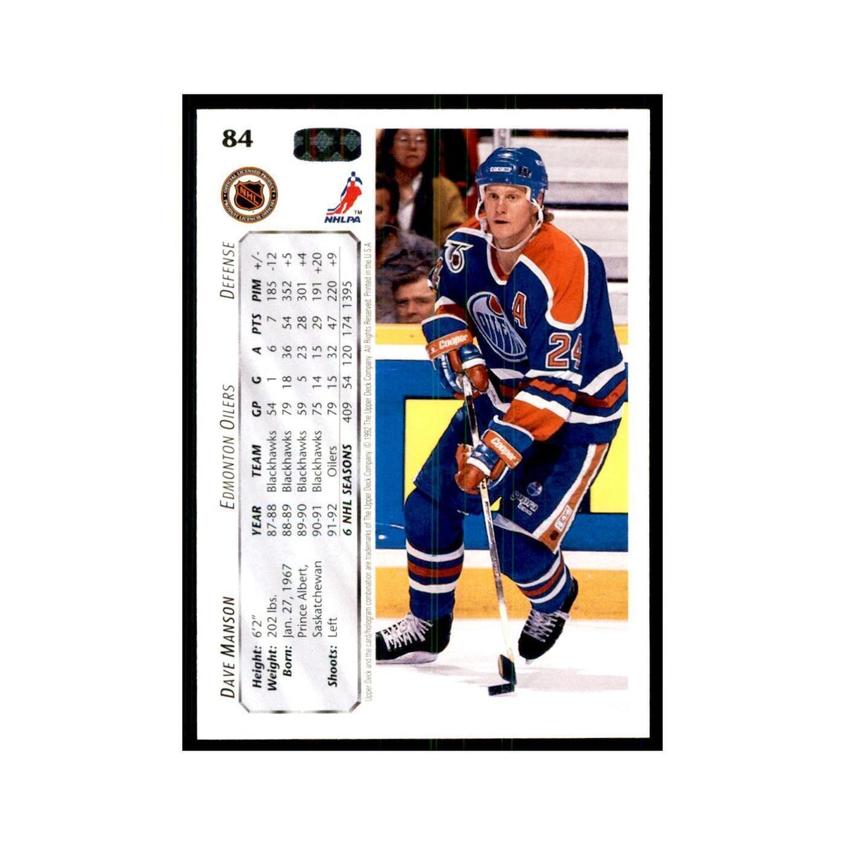 1992 Upper Deck Dave Manson Hockey Cards #84