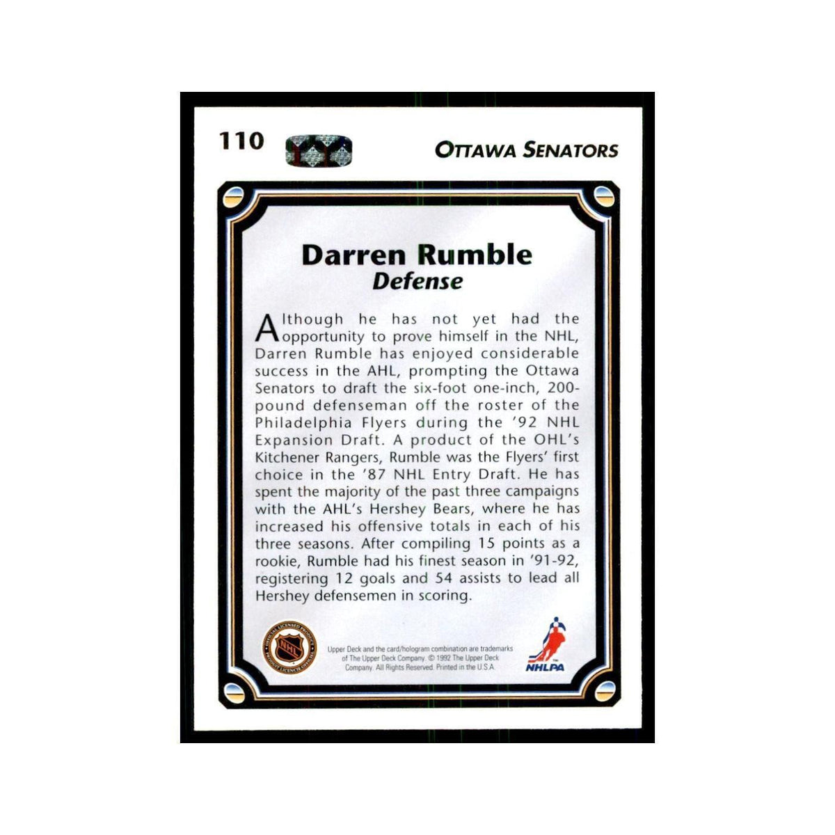 1992 Upper Deck Darren Rumble Hockey Cards #110